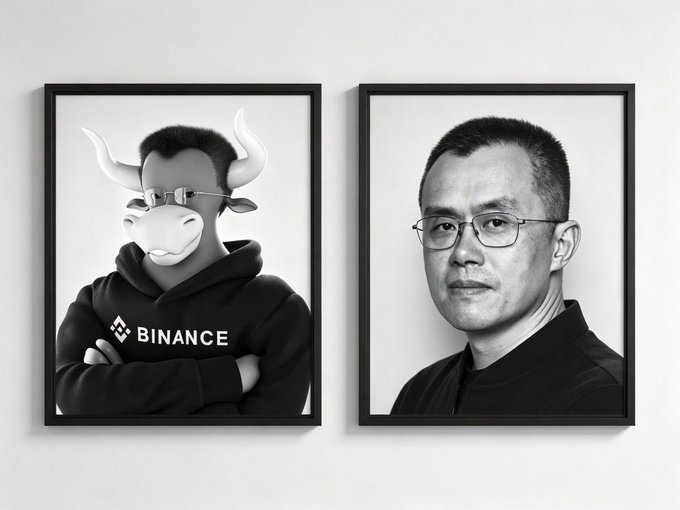 The image shows two black-and-white framed portraits side by side: on the left, a figure in a "BINANCE" hoodie wearing a bull mask (symbolizing the anonymous bullish crypto persona), and on the right, a real photograph of CZ (Changpeng Zhao), Binance's founder. The post's caption referencing "$cz" and lamenting lost faith plays on CZ's recent legal troubles and prison sentence, using the juxtaposition of the masked bullish mascot and the actual man to symbolize how investors feel betrayed and abandoned by the once-trusted Binance leader.