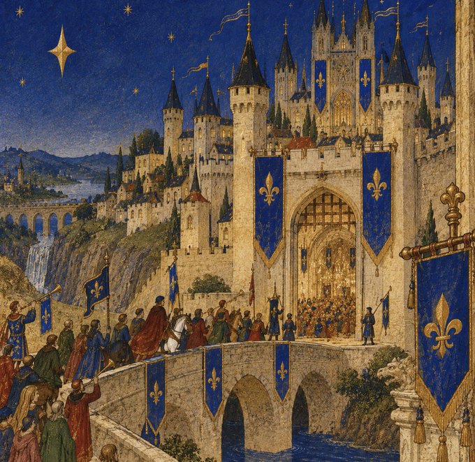 A medieval-style illustration depicting a grand castle adorned with blue fleur-de-lis banners, with people crossing a stone bridge under a starry night sky.