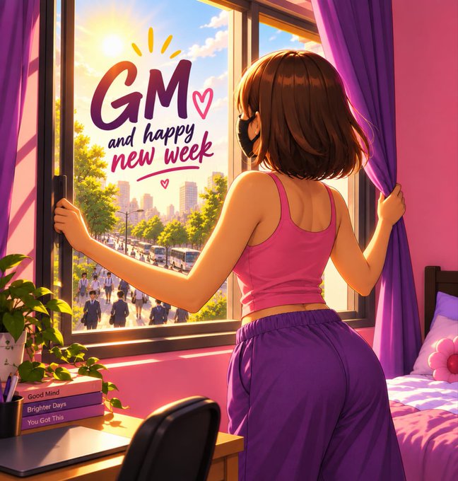 An anime-style illustration of a brown-haired woman in a pink top and purple pants opening curtains to a sunny city view, with a "GM and happy new week" greeting on the window.