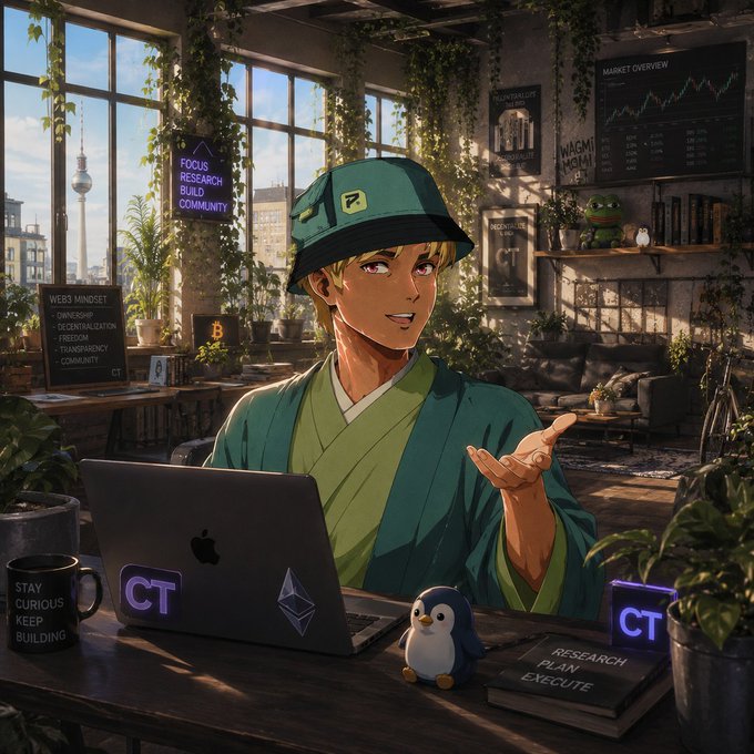 An anime-style illustration of a blonde character wearing a green bucket hat and kimono-like clothing, sitting at a desk with a laptop in a plant-filled room with 'CT', Ethereum, and Bitcoin logos visible.