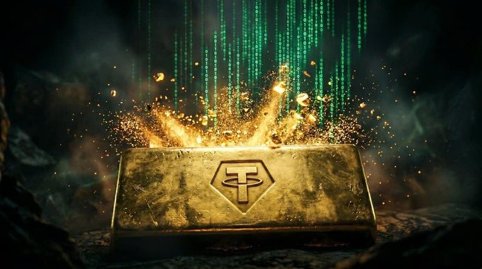 The image features a large, golden-colored object that appears to be a piece of jewelry or a valuable item. The object is surrounded by green sparks flying out from all directions, creating an intense and dramatic scene. The background of the image is dark and filled with green lines, which further emphasizes the golden object in the foreground. The post accompanying this image reads: "Ledn chấp nhận vàng token hóa XAUt làm tài sản thế chấp để vay stablecoin USDT hoặc USAt, mà không cần bán vàng đi. Tài sản thế chấp được giữ theo tỷ lệ một".