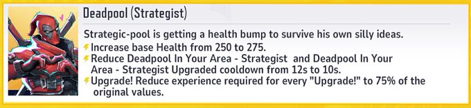 A patch note image highlighting buff changes to Deadpool (Strategist) in Marvel Rivals, showing his base Health increasing from 250 to 275, reduced cooldowns for Strategic/Stratagem upgrades from 12s to 10s, and a reduction to 75% of original Upgrade! experience requirements—aligning with the post's "STRATPOOL META INBOUND" sentiment about the character becoming stronger.