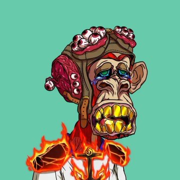 A digital drawing of a grotesque, zombie-like monkey head with exposed brains, golden teeth, and a flaming shirt with a cross design, set against a solid green background.