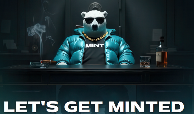 A 3D-rendered polar bear wearing sunglasses and a teal puffer jacket sits at a desk with a cigar and whiskey, above the text "LET'S GET MINTED."