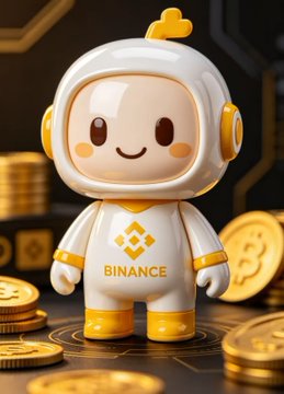The image features a small, white robot figurine with yellow accents standing upright on its hind legs. The robot has a friendly smile and appears to be wearing a gold suit that says "binance" on it. Surrounding the robot are stacks of gold coins, creating an interesting contrast between the shiny metallic surface of the coins and the smooth, white body of the robot. The image also includes text in the form of a caption that reads "@binancezh #币安盲盒".