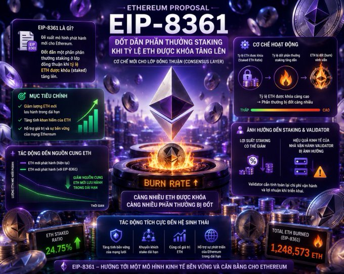 Vietnamese-language infographic explaining 'EIP-8361' Ethereum proposal about staking rewards distribution ('ĐỘT PHÁN THƯỞNG STAKING KHI TỶ LỆ ETH ĐƯỢC KHOÁ TĂNG LÊN'), featuring an Ethereum logo surrounded by fire and details on burn rates, validator impacts, and 'Total ETH Burned: 1,248,573 ETH'.