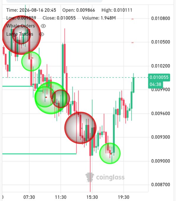 A Coinglass candlestick chart for $AKE dated 2026-08-16 shows a bearish session with price declining from an open of 0.009866 to a low of 0.009859 before closing at 0.010055 on 1.948M volume, with red and green circles highlighting whale orders and large trades clustered around key support zones near 0.00990 and resistance near 0.01050—visually reinforcing the post's thesis that whale accumulation is appearing at local support as buyers attempt to reclaim the 0.010 level.