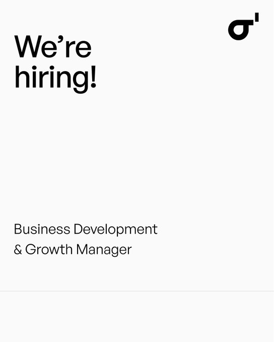 A minimalist white job posting graphic with a black logo in the corner, announcing 'We're hiring!' for a 'Business Development & Growth Manager' position.