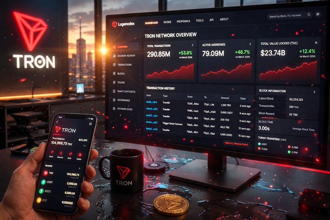 The image depicts an office scene with a desktop computer monitor displaying cryptocurrency trading information. The screen shows various data points related to cryptocurrency prices and market trends. A person's hand holds a phone, possibly showing the trading information or interacting with the cryptocurrency exchange. In addition to the main focus on the monitors and phones, there is a cup placed near one of them, adding a touch of personalization to the office setting.