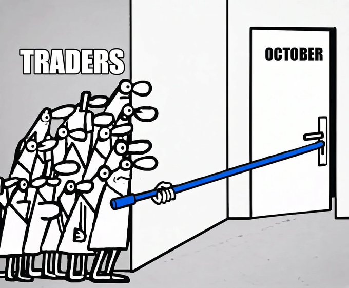 A cartoon illustration labeled "TRADERS" depicts a crowd using a long pole to reach the door handle of a room marked "OCTOBER."