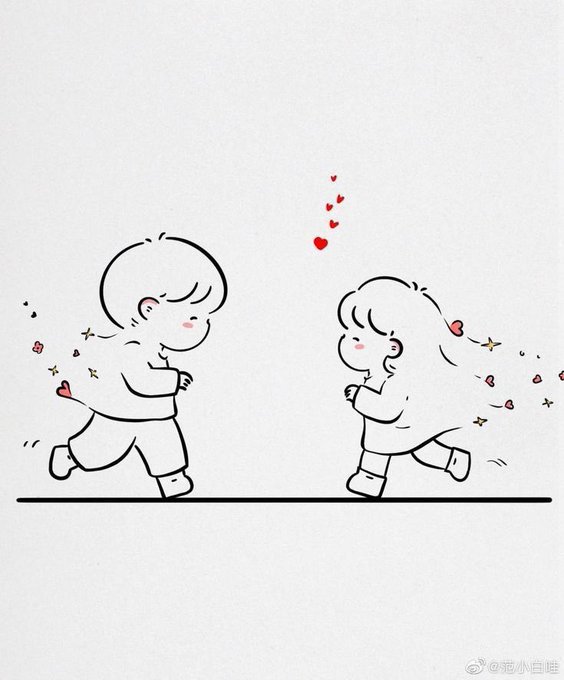 A cartoon illustration shows two children running joyfully toward each other, with red hearts and sparkles floating between them, while a watermark in the bottom right reads "@范小白哇".
