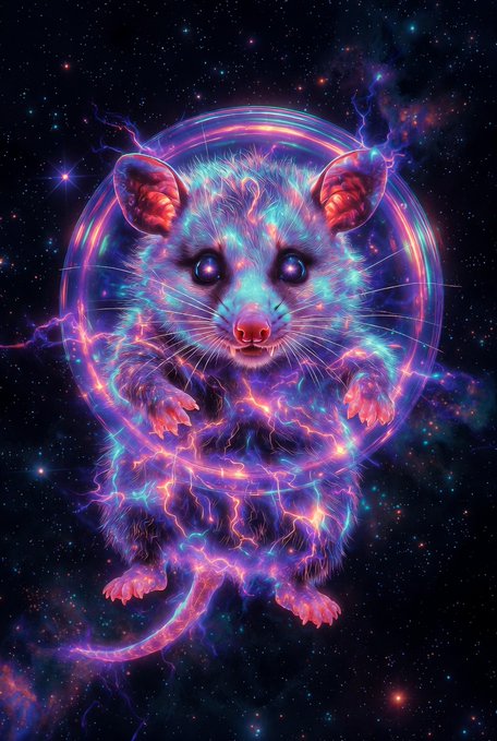 A vibrant digital illustration of an opossum glowing with neon purple and blue energy, surrounded by a cosmic background of stars and nebulae.
