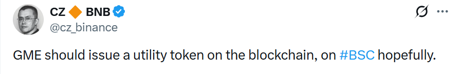 A tweet from CZ (@cz_binance) reading: "GME should issue a utility token on the blockchain, on #BSC hopefully." The post references this as the origin of a new utility token, with the same 2021 tweet now being quoted by Binance's bStocks account.