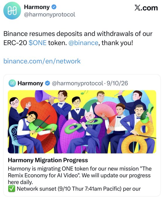 A tweet from Harmony (@harmonyprotocol) announcing 'Binance resumes deposits and withdrawals of our ERC-20 $ONE token', thanking @binance, with a linked article about 'Harmony Migration Progress'.