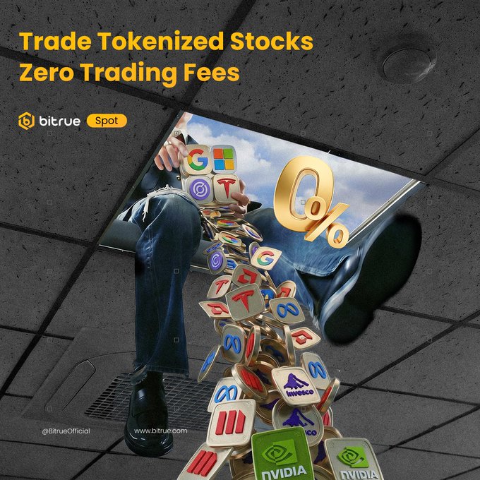 The image is a Bitrue advertisement promoting "Trade Tokenized Stocks - Zero Trading Fees" on their Spot platform, featuring a person pouring an endless stream of branded tokens—including Google, Microsoft, NVIDIA, and Tesla—through a ceiling grate alongside a golden "0%" symbol. The visual ties directly to the post's message about Bitrue offering 20 tokenized US stocks from providers like Ondo, xStocks, and Binance bStocks, emphasizing the zero-fee incentive and the variety of major companies available for tokenized trading.