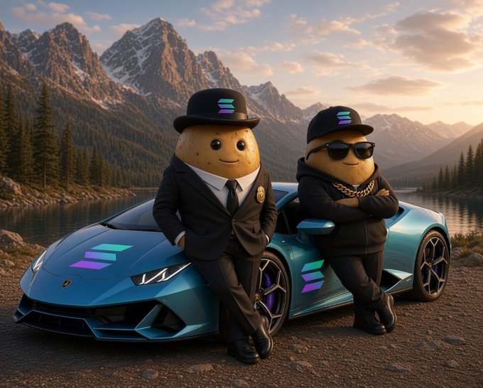 Two anthropomorphic potatoes wearing stylish hats pose confidently beside a sleek blue Lamborghini in a scenic mountain landscape, symbolizing the crypto "degen" lifestyle and bullish conviction. The image aligns with the post's message of embracing buying opportunities and "doubling down" on assets like Solana, using humor to reinforce the diamond hands mentality.
