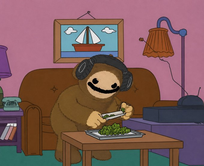 A cartoon illustration of a brown furry creature with a wide smile wearing headphones, sitting on a couch and rolling a joint at a coffee table with a plate of green buds.
