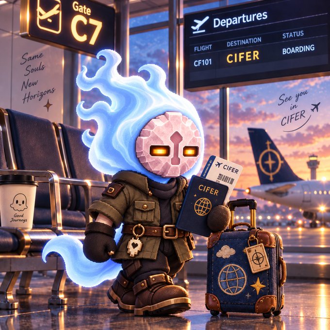 A 3D-rendered chibi character with blue flame-like hair and a robotic mask standing at airport gate C7, holding a passport and luggage with 'CIFER' branding for a flight to 'CIFER'.