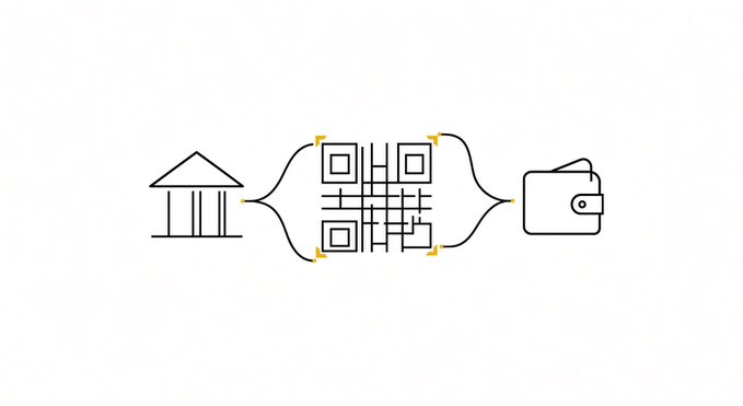 The image illustrates the integration between Binance Pay and Bhutan's DK Bank QR code network, showing a bank building icon, a QR code in the center highlighted with scanning brackets, and a wallet icon connected together—representing how users can scan merchant QR codes to make cryptocurrency payments.