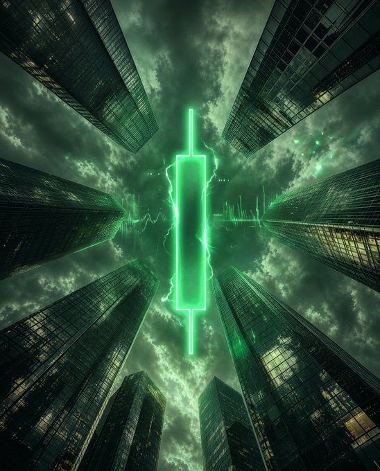 A glowing green battery icon floats above a futuristic skyline surrounded by stormy clouds and lightning, symbolizing a sudden surge of market energy. The charging battery visually echoes the post's message about confidence being restored to full power.