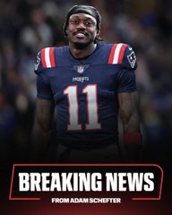 A breaking news graphic from Adam Schefter featuring a New England Patriots player wearing jersey number 11 in a navy uniform with red and white accents.