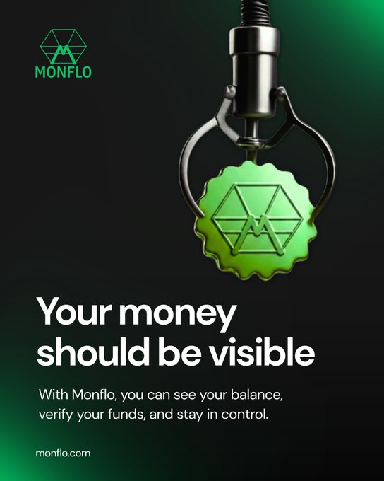 An advertisement for Monflo cryptocurrency service featuring a green bottle cap with the Monflo logo, stating 'Your money should be visible' and 'With Monflo, you can see your balance, verify your funds, and stay in control,' with the website monflo.com.