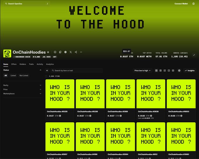 A Magic Eden OpenSea-style NFT page for the OnChainHoodies collection, featuring a 'WELCOME TO THE HOOD' banner and multiple 'WHO IS IN YOUR HOOD?' green tile listings.