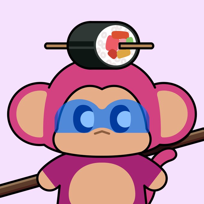 A pink cartoon monkey dressed as a superhero, complete with a blue mask and a sushi roll balanced on its head, is holding a staff, playfully embodying the "Chimpers" NFT character referenced in the caption about the limited 5,555 collection.