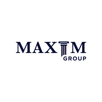 A minimalist logo for 'MAXIM GROUP' featuring dark blue serif text with a classical column design integrated between the letters X and M.