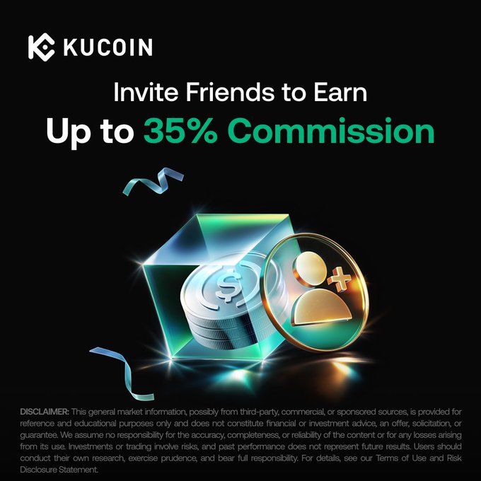 A KuCoin promotional banner advertising up to 35% commission for inviting friends, featuring the KuCoin logo and an illustration of coins with a user icon inside a crystal, accompanied by a referral link to sign up and earn rewards.