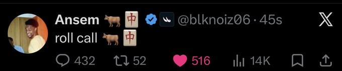 A screenshot of a tweet from user @blkknoiz06 displaying 'Ansem roll call' with 432 replies, 52 retweets, 516 likes, and 14K views.