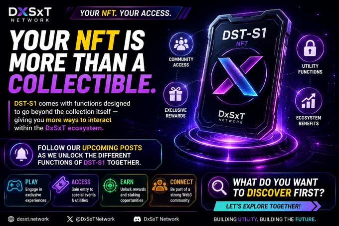 Promotional graphic for DxSxT NETWORK advertising 'YOUR NFT IS MORE THAN A COLLECTIBLE' featuring the DST-S1 NFT card with features like Community Access, Exclusive Rewards, Utility Functions, and Ecosystem Benefits.