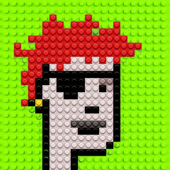 A pixel art depiction of a character resembling Boy George, made of red, white, and black LEGO-like studs on a bright green studded background.