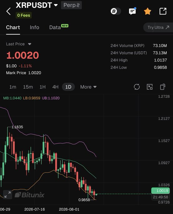 A Bitunix perpetual futures chart for XRP/USDT shows the daily price action, with XRP dropping to a 24H low of 0.9858 before bouncing slightly to 1.0020, suggesting a potential short-term bottom at that level. The candlestick pattern indicates a recent selloff, with the price hovering near the day's low and volume at 73.10M XRP.