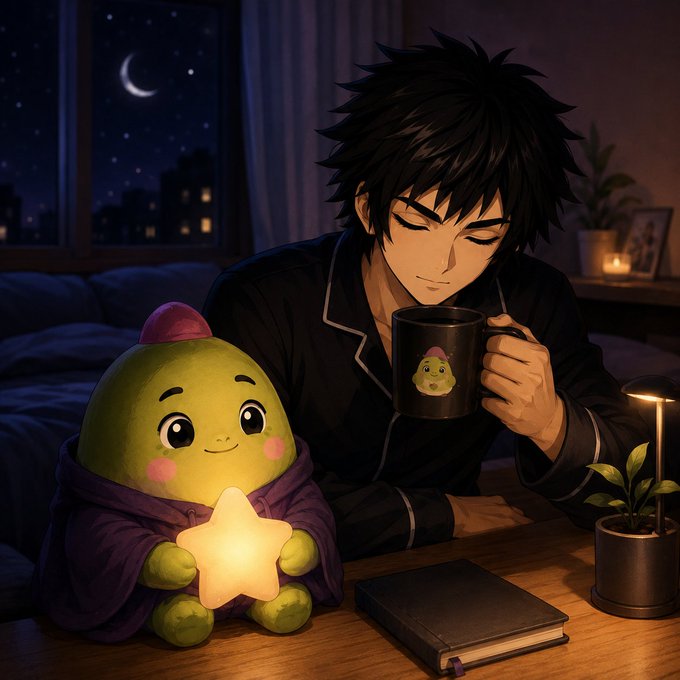 An anime-style illustration of a young man drinking from a mug next to a cute green creature holding a glowing star at night.