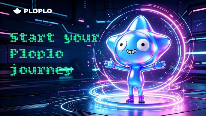 A promotional graphic for PLOPLO featuring a blue star-shaped mascot in a neon-lit sci-fi setting with the text "Start your Ploplo journey."
