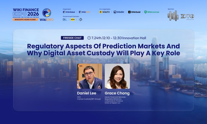 A Wiki Finance Expo 2026 Hong Kong promotional graphic for a fireside chat titled 'Regulatory Aspects Of Prediction Markets And Why Digital Asset Custody Will Play A Key Role' featuring speakers Daniel Lee (CEO, Cactus Custody) and Grace Chong (Head of Financial Services, Regulatory Practice, Corporate & Finance, Drew & Napier LLC), scheduled for July 24th from 12:10-12:30 at the Innovation Hall.