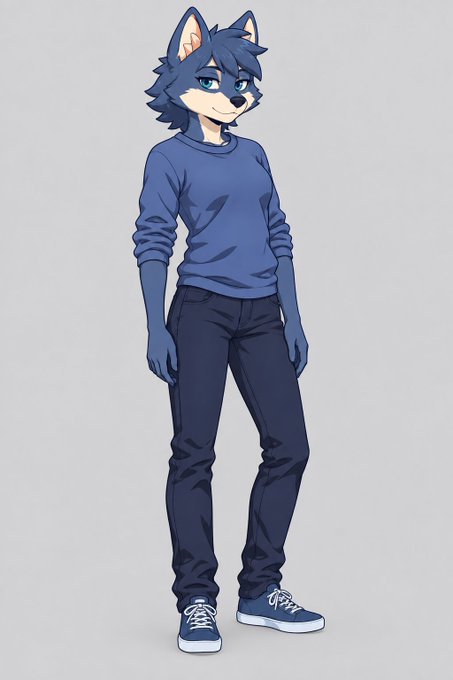 A digital illustration of an anthropomorphic wolf or canine character with blue and gray fur, wearing a blue long-sleeved shirt, dark jeans, and blue sneakers against a plain gray background.