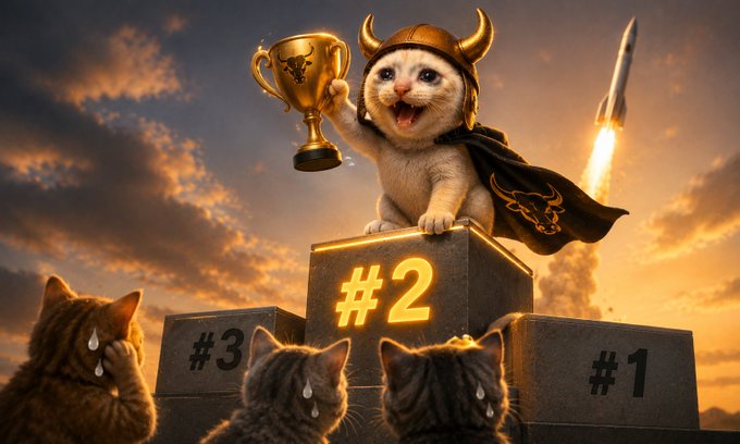 A triumphant kitten wearing a horned Viking helmet and a bull-emblazoned cape hoists a golden trophy while standing atop a podium marked "#2," as tearful kittens gaze up from the "#1" and "#3" positions and a rocket blasts off into a dramatic sunset sky—visually celebrating $BULLCAT's rise to the #2 hot pair ranking on DexScreener.