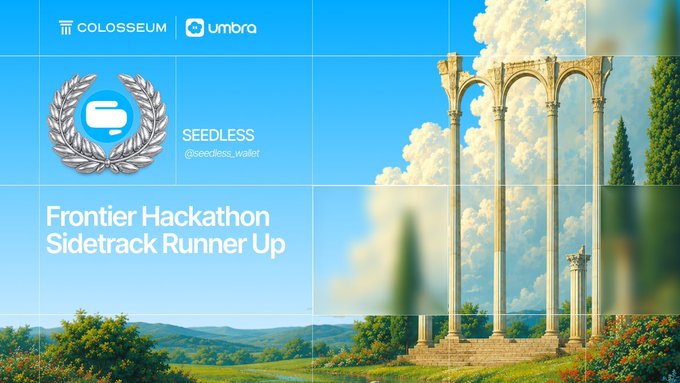 The image features an advertisement for Frontier Hackathon Sidetrack Runner Up, which is sponsored by Umbra. The background of the image shows a beautiful landscape with mountains and trees, creating a serene atmosphere. The text "Founded Hackathon Sidetrack Runner Up" is prominently displayed at the top of the image, indicating that this is an advertisement for the Hackathon Sidetrack Runner Up event.