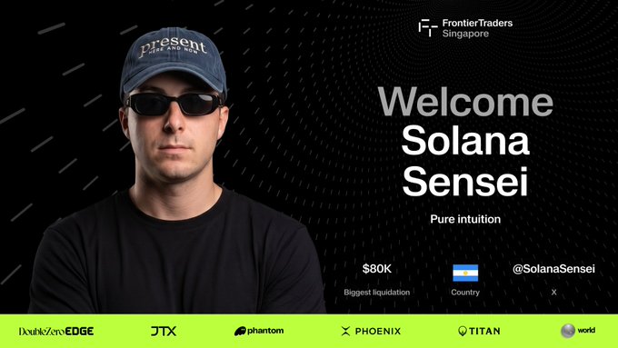 A promotional banner for FrontierTraders Singapore featuring "Solana Sensei" wearing a "Present" cap and sunglasses, displaying his $80K biggest liquidation from Argentina and his handle @SolanaSensei, with the tagline "Pure intuition" — humorously aligning with the caption about his self-proclaimed trading style and the designer's adjustment to fit his shoulders into the frame.