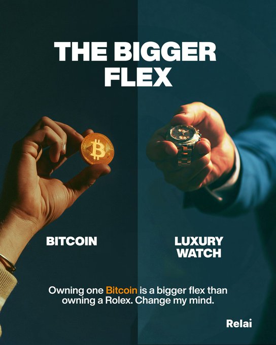 An advertisement comparing Bitcoin to a luxury Rolex watch reads 'THE BIGGER FLEX' with the caption 'Owning one Bitcoin is a bigger flex than owning a Rolex. Change my mind.' branded by Relai.