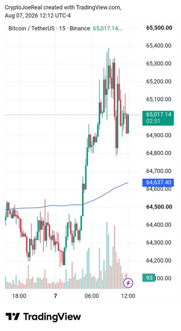 TradingView Bitcoin/TetherUS (BTCUSDT) chart from August 7, 2026 on Binance showing 15-minute candles with current price around $65,017, ranging between approximately $64,200 and $65,500.
