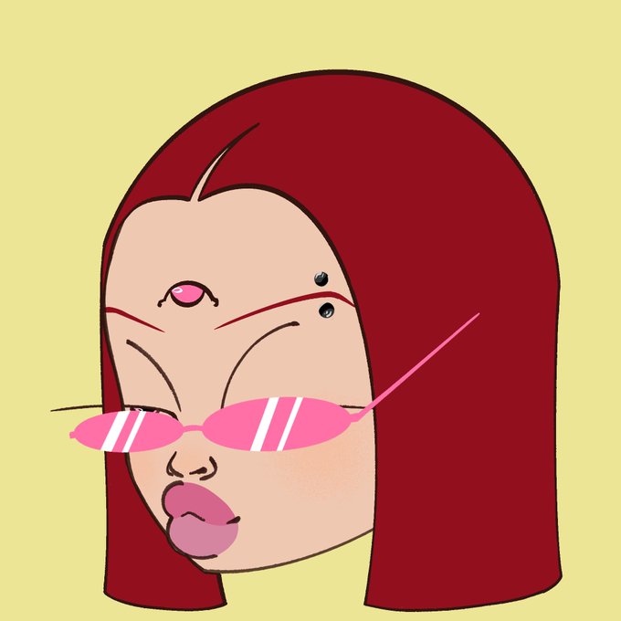 A cartoon-style illustration of a woman with long red hair wearing pink sunglasses and a slightly sour expression, rendered in a humorous doodle aesthetic against a yellow background.