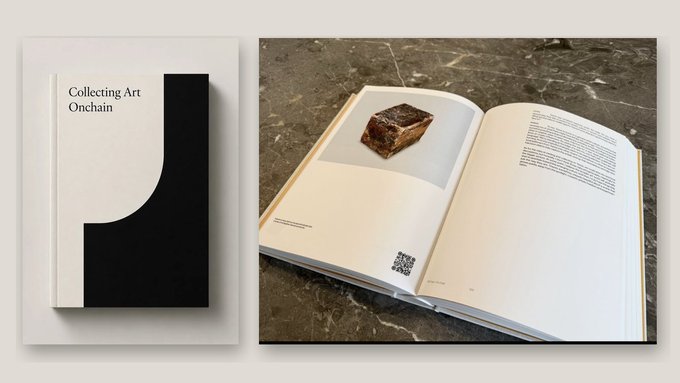 Two photos show a minimalist book titled "Collecting Art Onchain," with one view displaying its black and white cover and another revealing an open spread featuring artwork and a QR code.