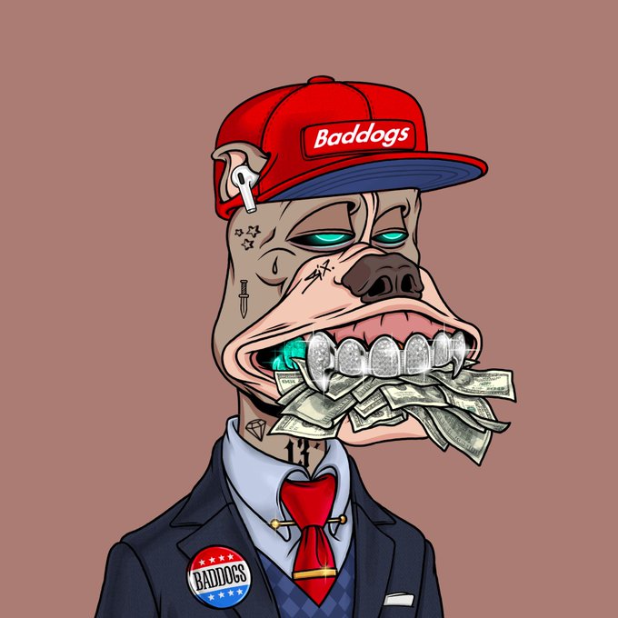 A stylized cartoon illustration of a bulldog wearing a red 'Baddogs' cap and suit, with diamond-studded teeth holding stacks of cash.
