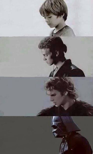 A four-panel vertical image showing Anakin Skywalker's progression from a young boy to Darth Vader, depicting his transformation through the Star Wars films.