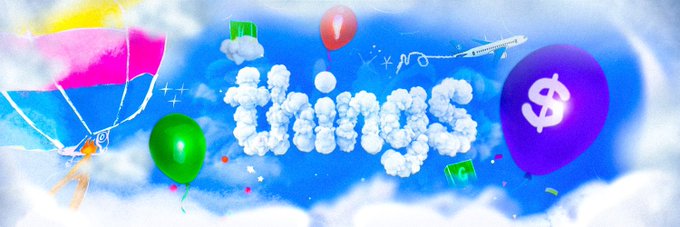 A vibrant digital illustration featuring the word "things" formed by clouds in a blue sky, surrounded by colorful balloons—including a purple one marked with a dollar sign—and various playful elements like a parachute, jet, and gift boxes, visually representing the playful, reward-based trading and community platform @thingsmarket mentioned in the post.