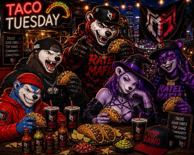 A vibrant 'TACO TUESDAY' illustration featuring anthropomorphic bears and a purple cat-like character from the 'RATEL MAFIA,' enjoying tacos and drinks in an urban setting.