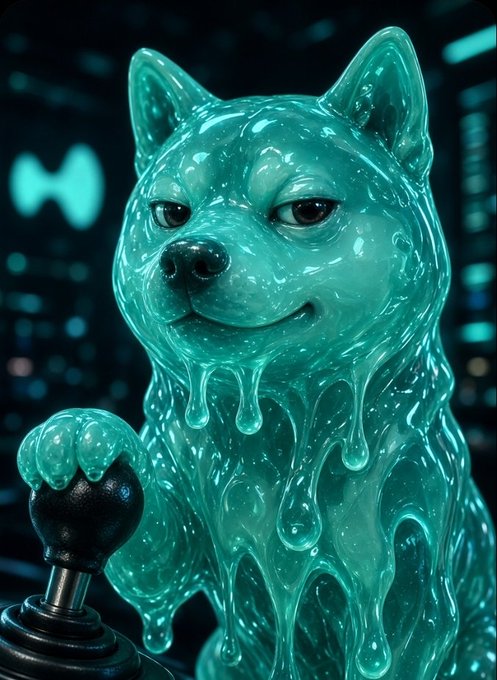 A glossy, liquid-like teal Shiba Inu dog figure stands at a control lever in a dark, futuristic setting with glowing blue lights.